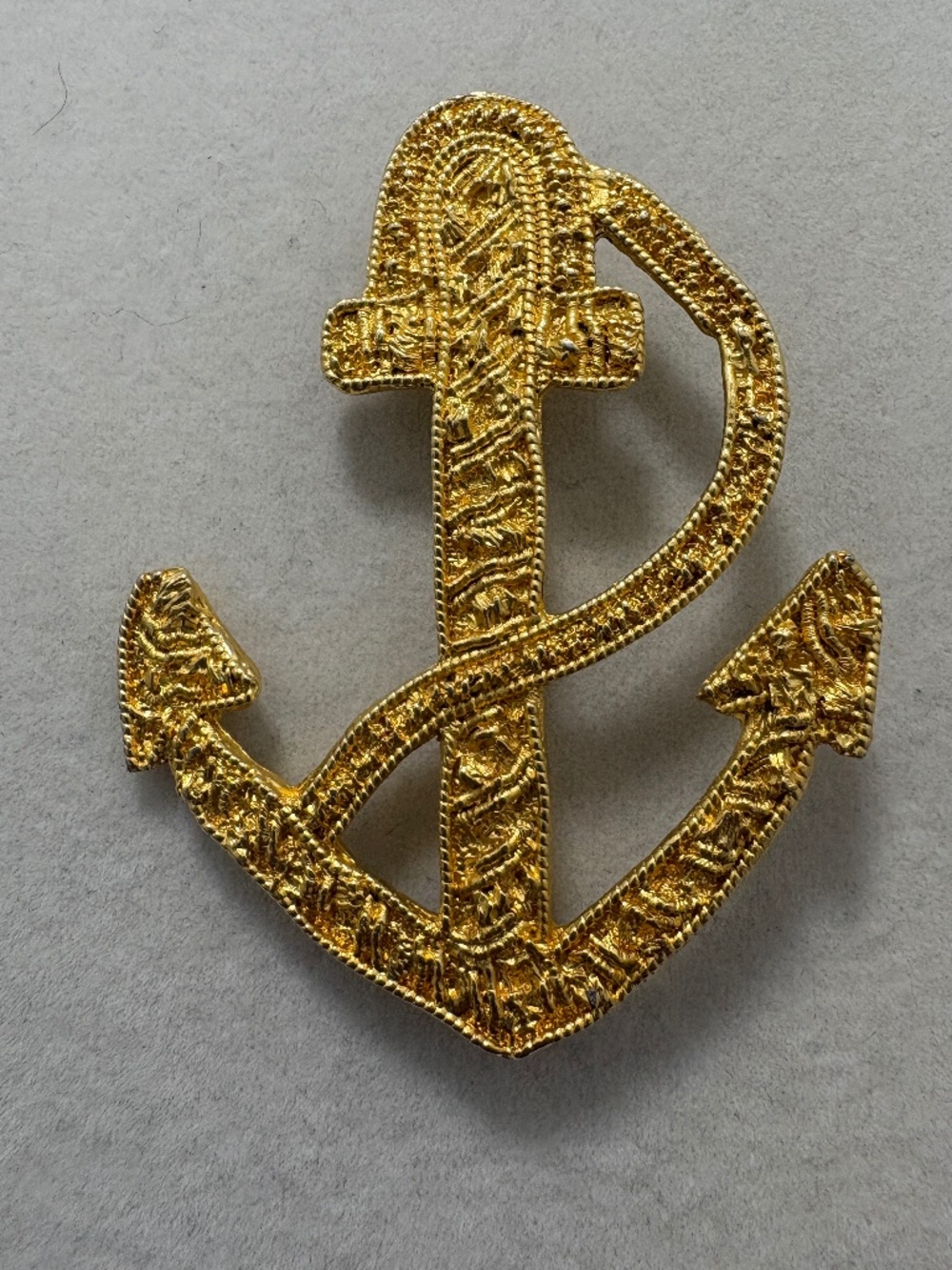 Shiny Gold Tone Textured Anchor w/ Rope Pin Brooch 2.5" Tall Nautical Sailor